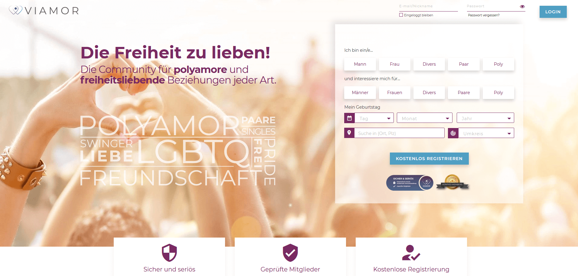 Die Startseite von Viamor zur Registrierung und Login.